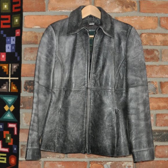 Vintage 90s Danier Tailored Grey Distressed Leather Coat Jacket P US 4-6 - Picture 8 of 11